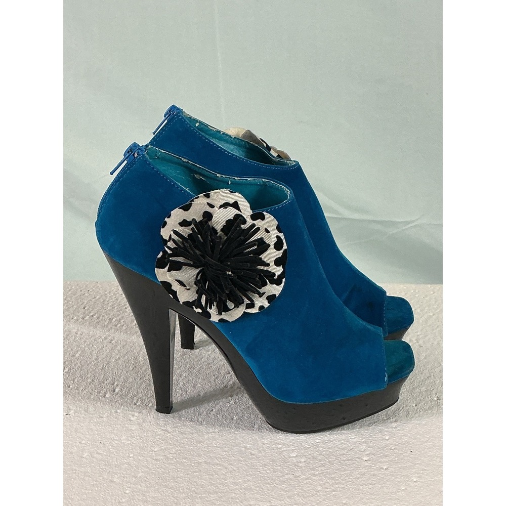 Makers Blue Suede Peep Toe Platform Booties Animal Print Flower Heels Size 8.5